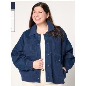 Peace Love World Cardigan Sweater 3X w/ Denim Accents Navy Blue Heavyweight